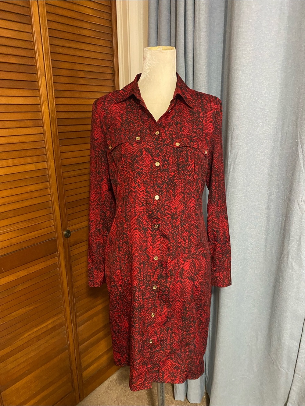 Animal print button down-Front Long Sleeve Red Dress